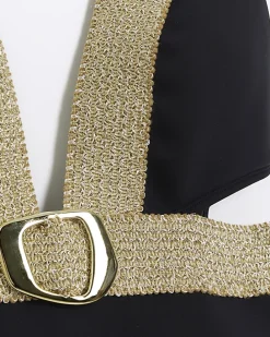 Black buckle plunge swimsuit
