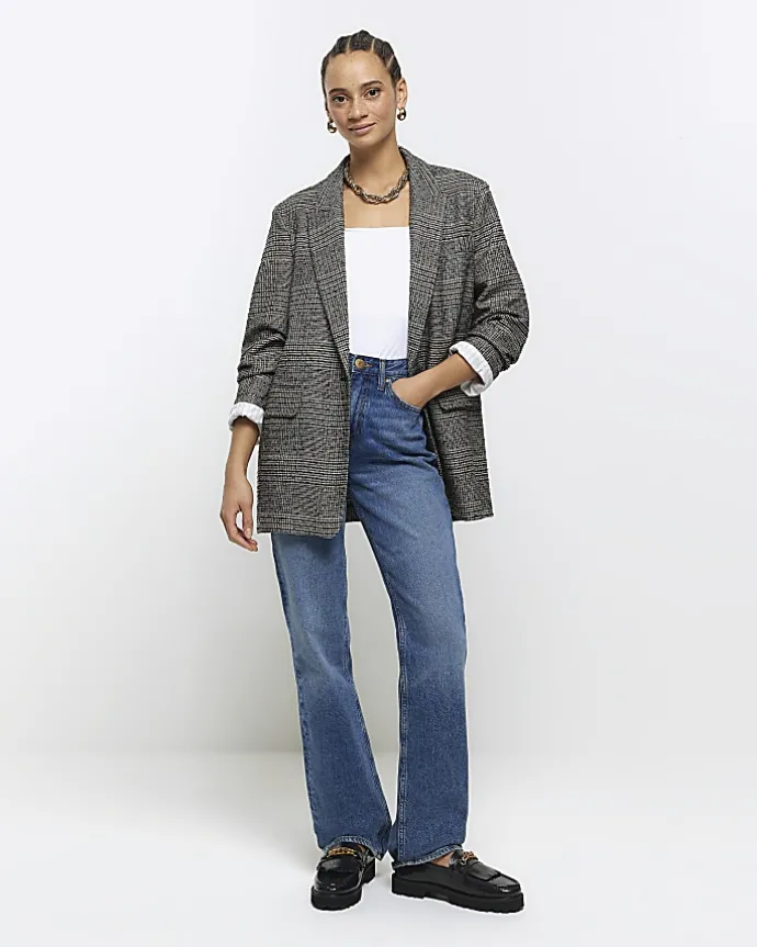 Black check rolled sleeve blazer