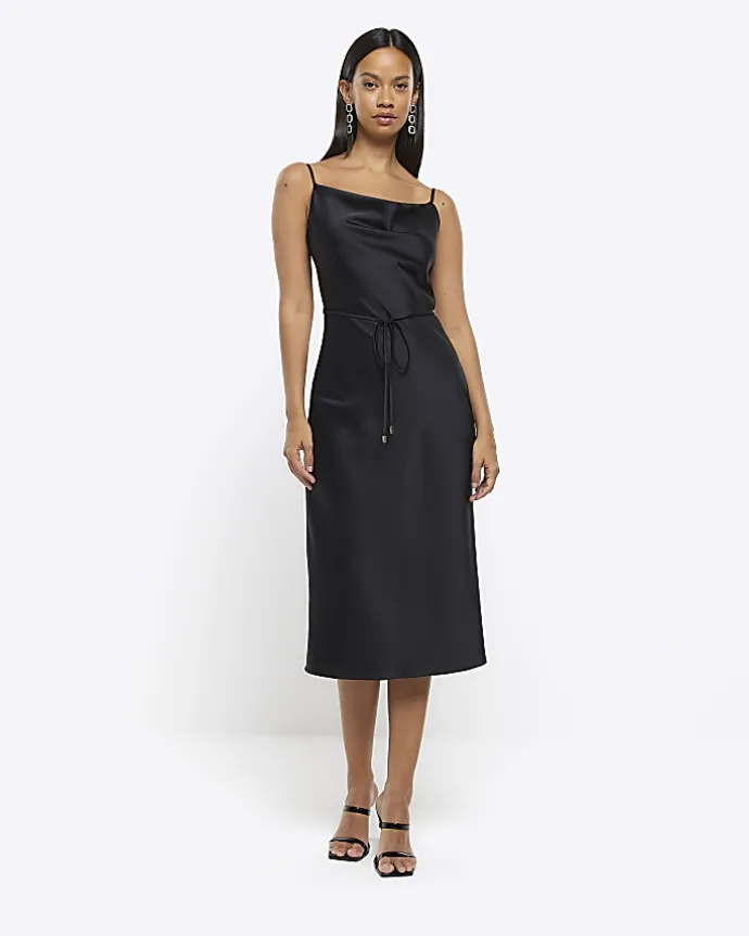Black cowl neck slip midi dress