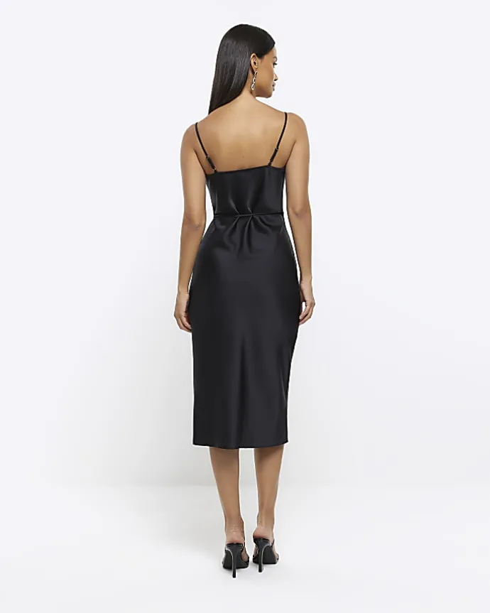 Black cowl neck slip midi dress