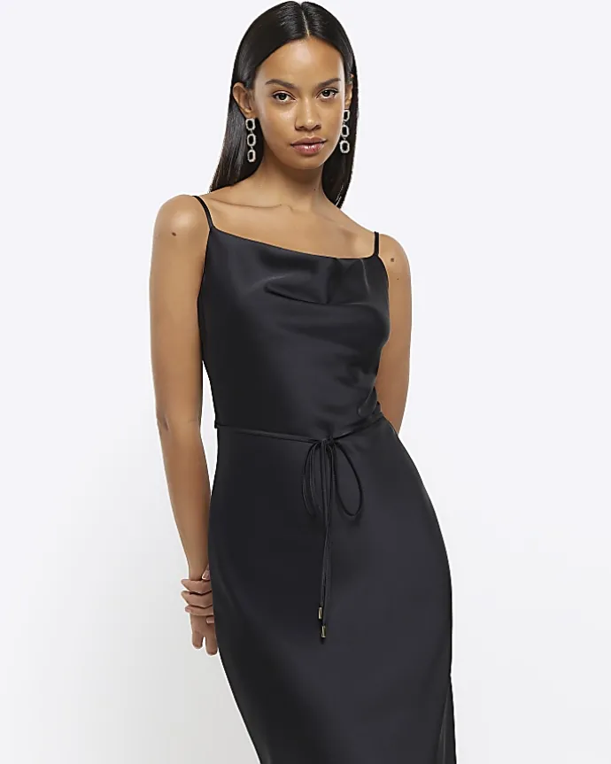 Black cowl neck slip midi dress