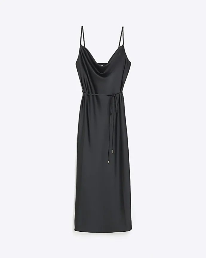 Black cowl neck slip midi dress