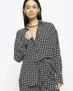 Black crepe geometric oversized shirt