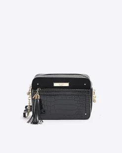 Black croc embossed chain cross body bag