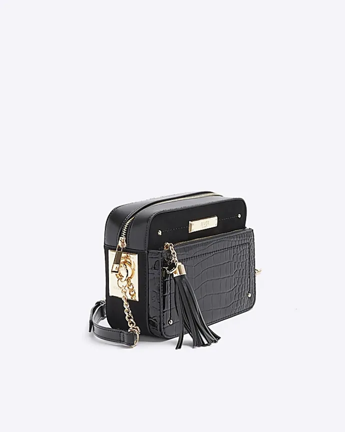 Black croc embossed chain cross body bag