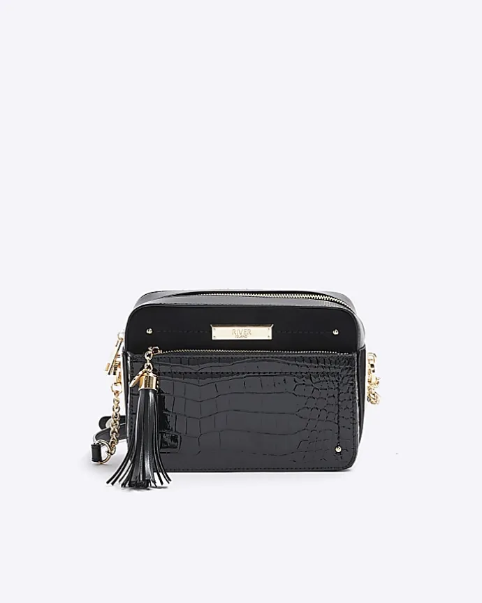 Black croc embossed chain cross body bag