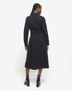 Black denim belted midi shirt dress