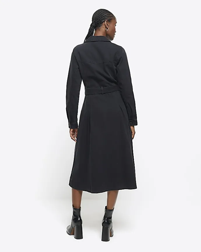 Black denim belted midi shirt dress