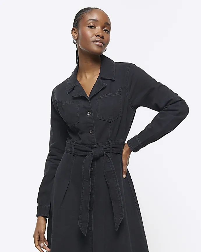 Black denim belted midi shirt dress