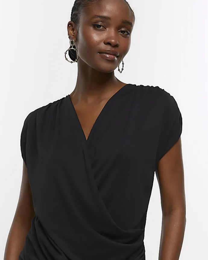 Black drape detail wrap mini dress
