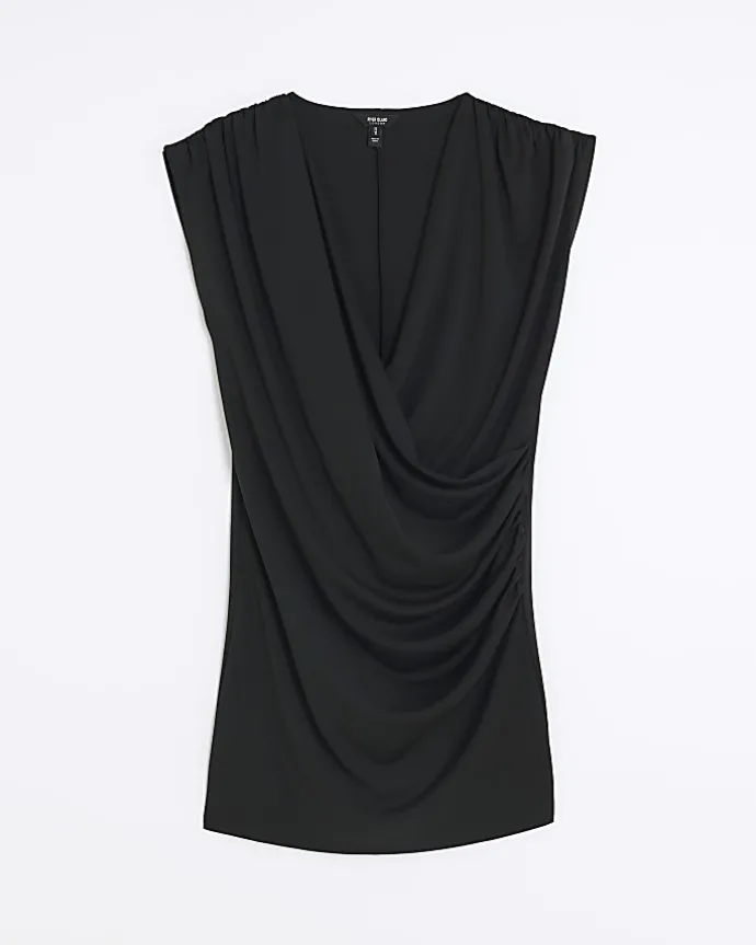 Black drape detail wrap mini dress