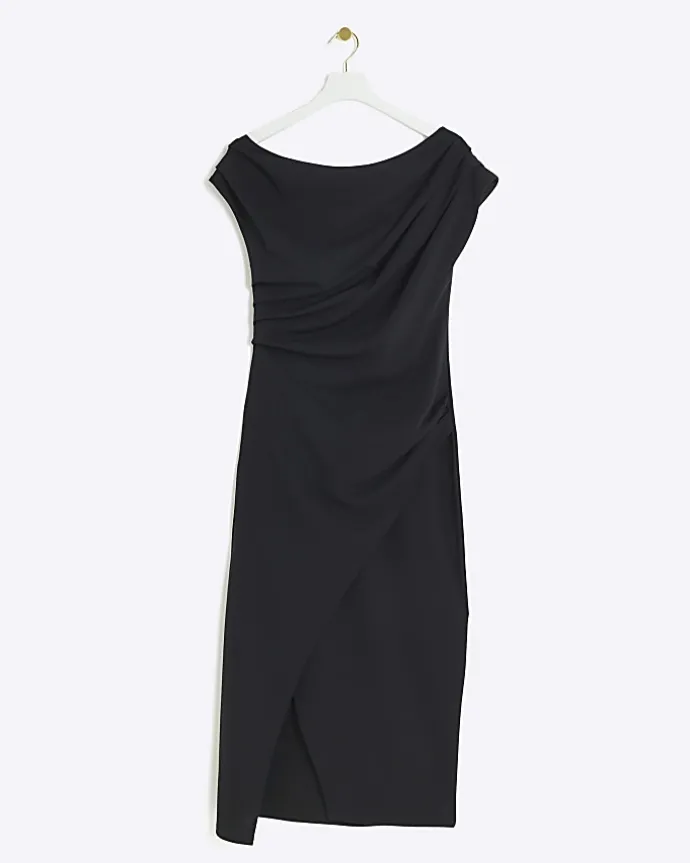 Black drape off shoulder bodycon midi dress