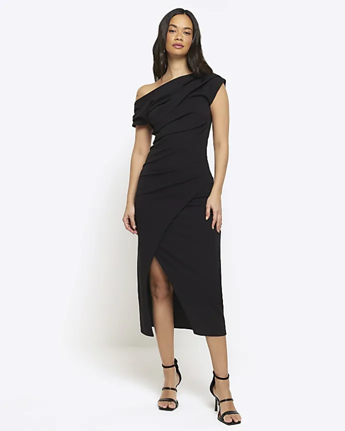 Black drape off shoulder bodycon midi dress
