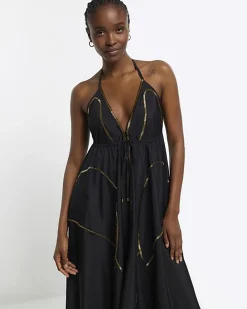 Black embellished plunge beach maxi dress