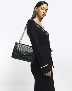 Black embossed weave shoulder bag