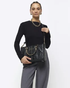 Black embossed weave tote bag