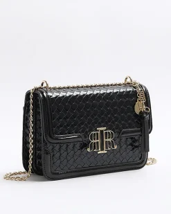 Black embossed woven satchel bag