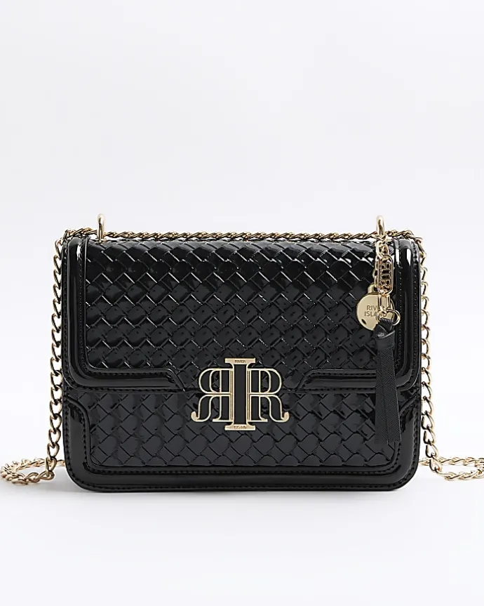 Black embossed woven satchel bag