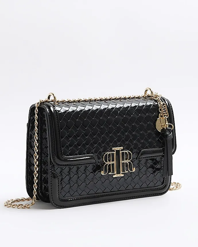 Black embossed woven satchel bag