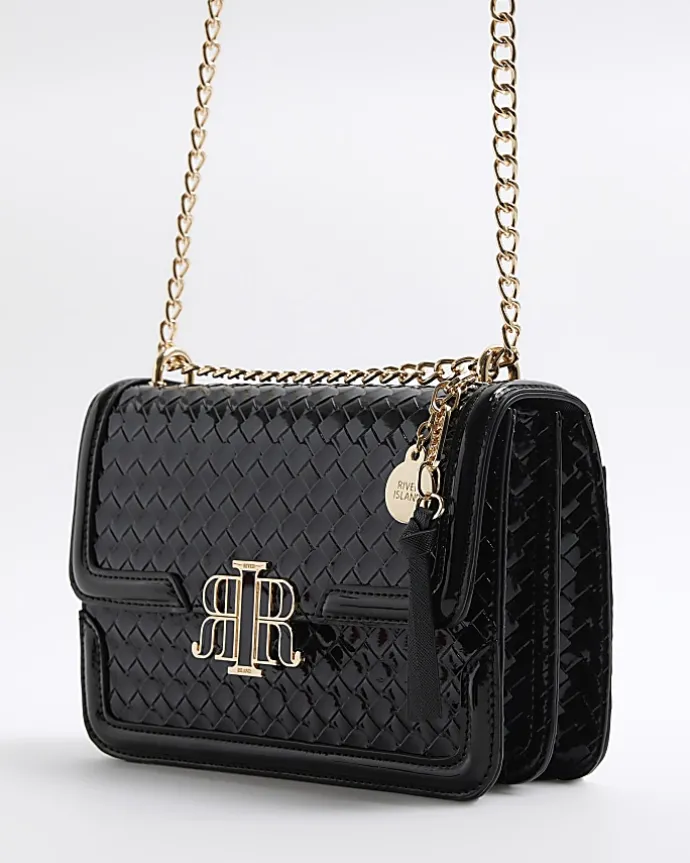 Black embossed woven satchel bag