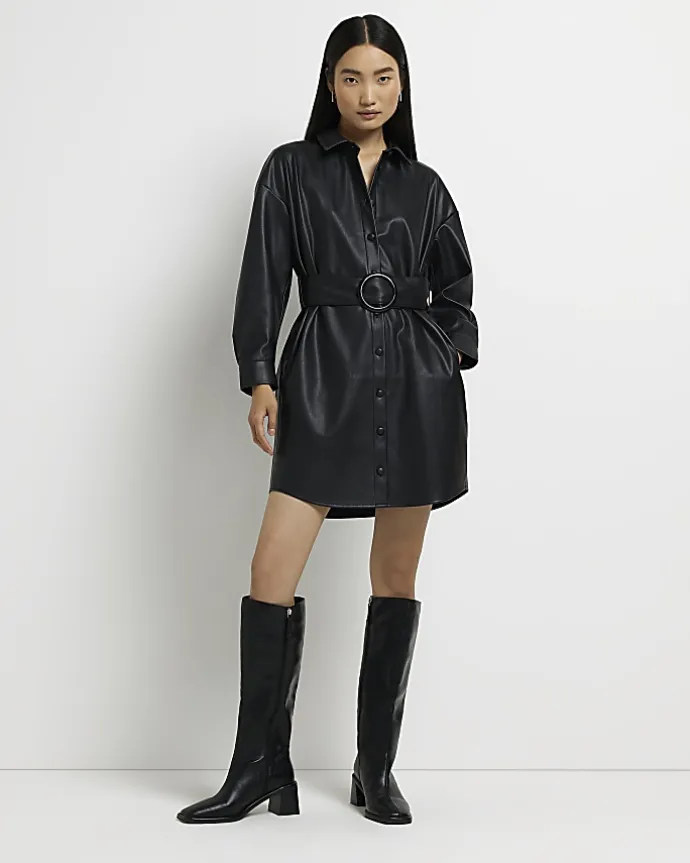 Black faux leather mini shirt dress
