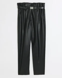 Black faux leather paperbag trousers