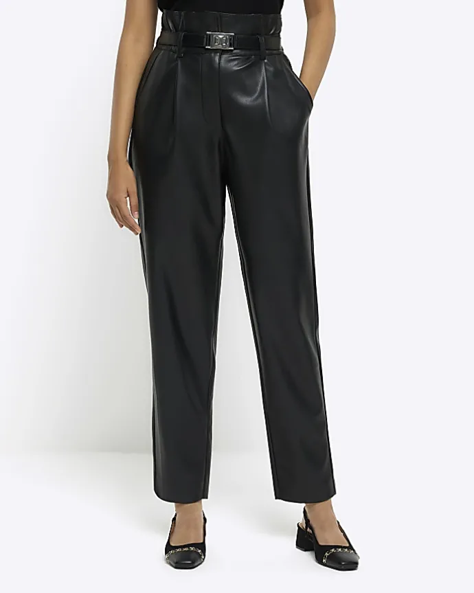 Black faux leather paperbag trousers