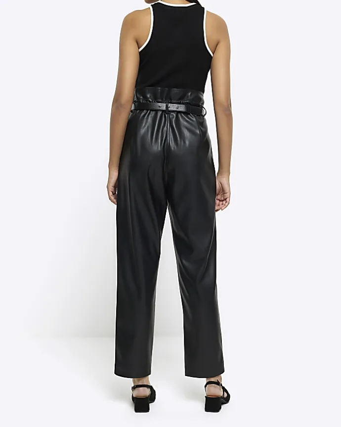 Black faux leather paperbag trousers