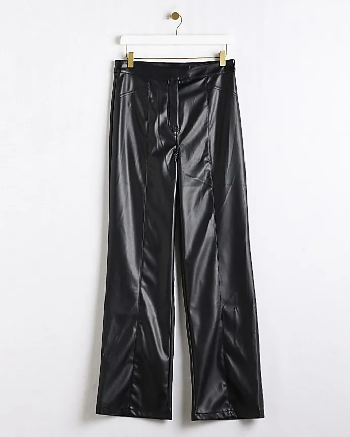 Black faux leather straight leg trousers