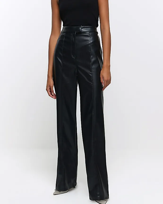 Black faux leather straight leg trousers