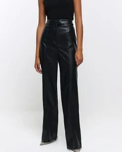 Black faux leather straight leg trousers