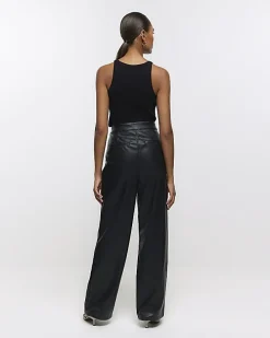 Black faux leather straight leg trousers