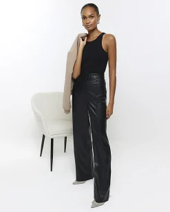 Black faux leather straight leg trousers