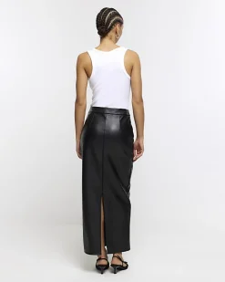 Black faux leather tailored maxi skirt