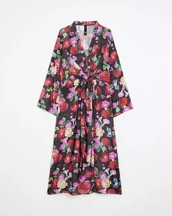 Black floral long sleeve midi dress