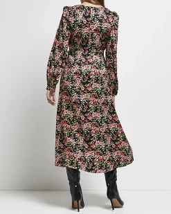 Black floral maternity midi dress