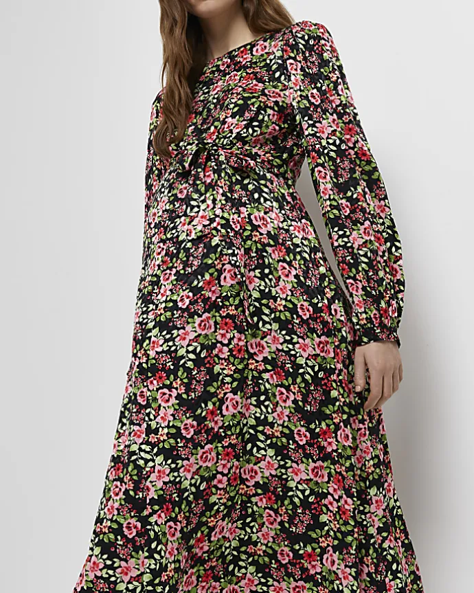 Black floral maternity midi dress