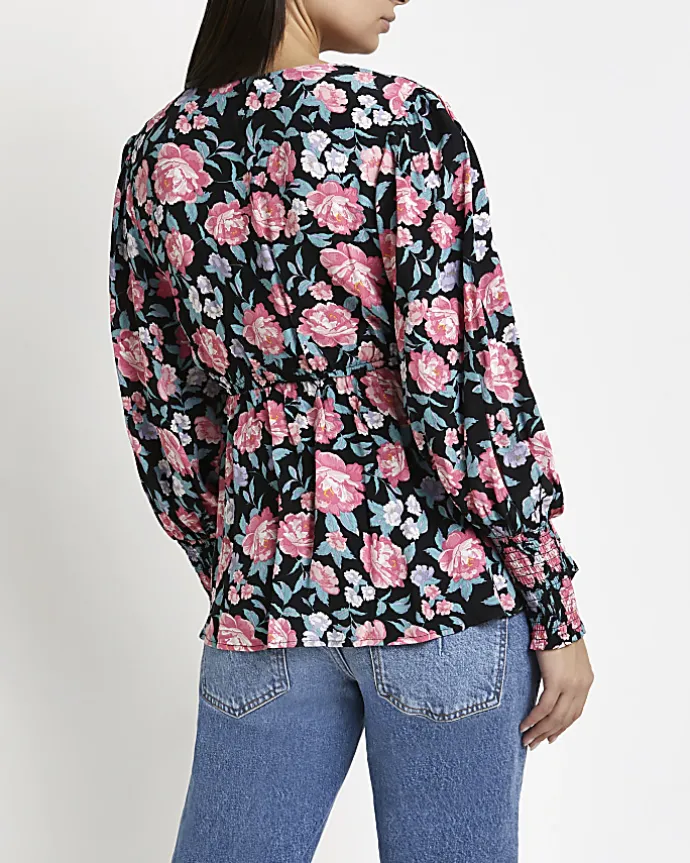 Black floral maternity wrap top