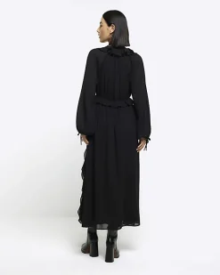 Black frill plisse sleeve swing midi dress