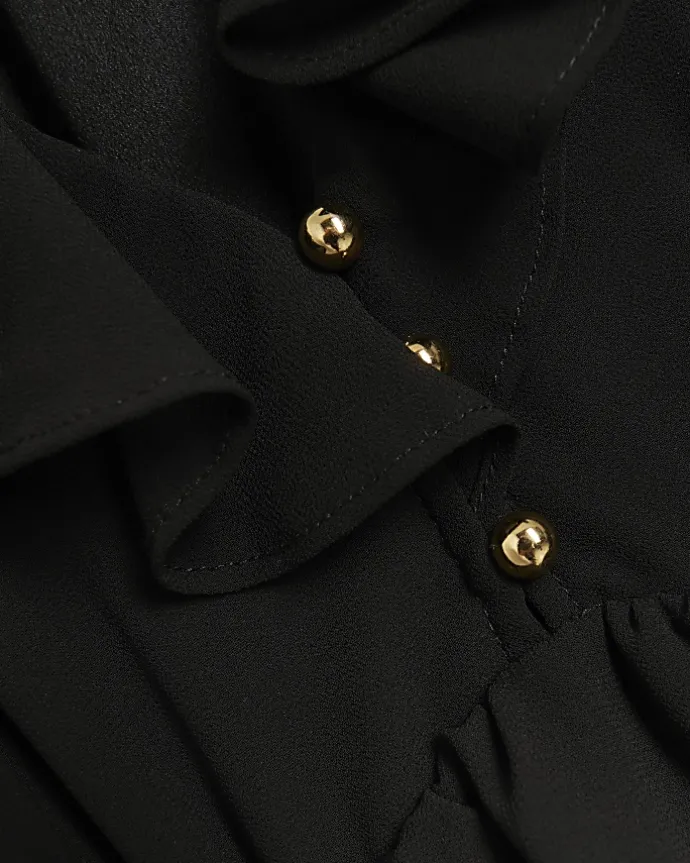 Black frill plisse sleeve swing midi dress