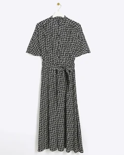 Black geometric belted midi shirt dress