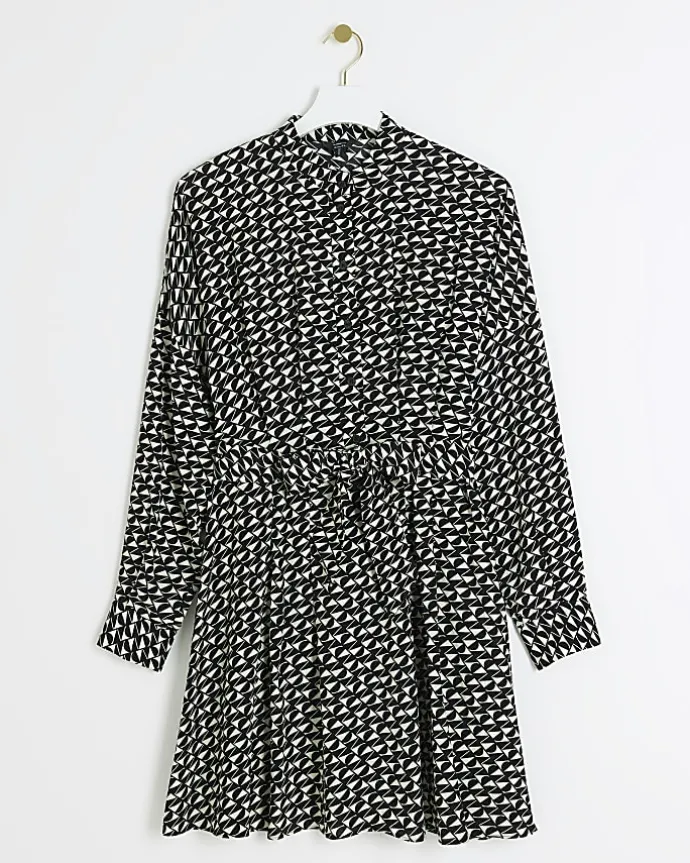 Black geometric belted mini shirt dress