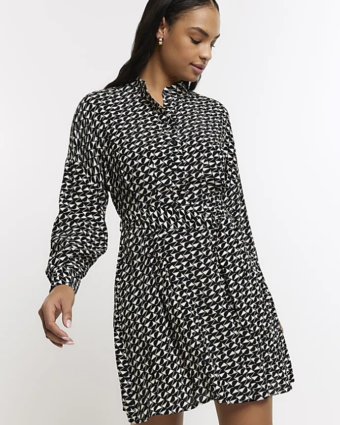 Black geometric belted mini shirt dress