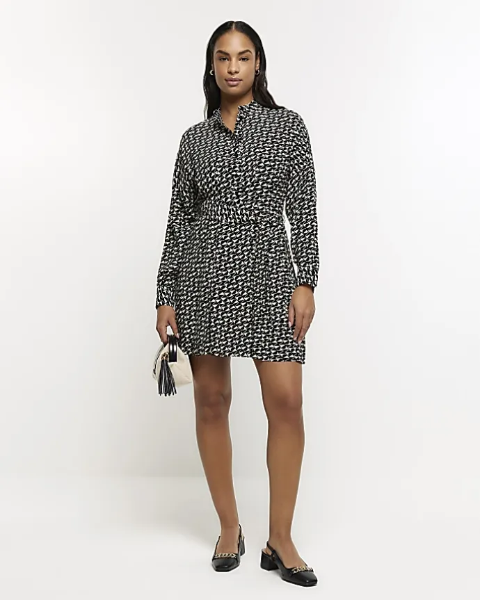 Black geometric belted mini shirt dress