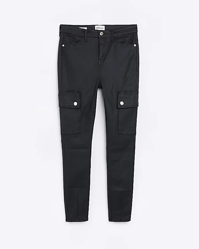 Black high waisted coated cargo skinny jeans