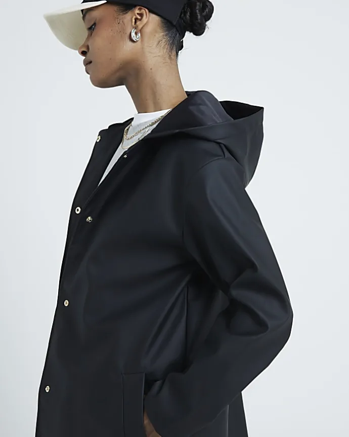 Black hooded rain coat