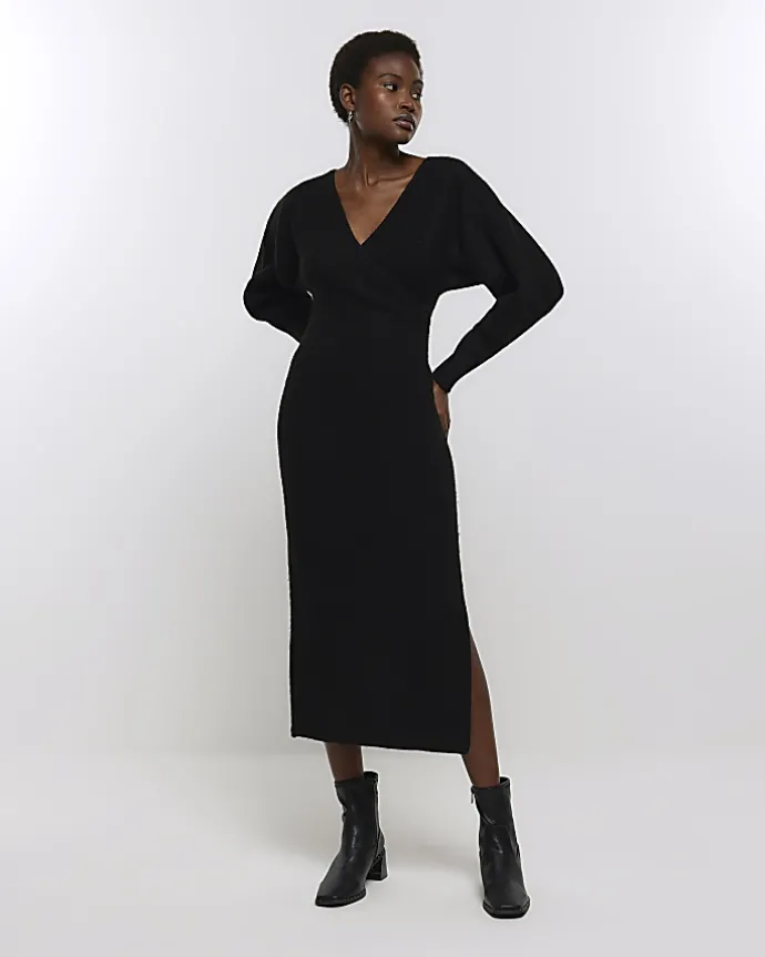Black knit wrap jumper midi dress