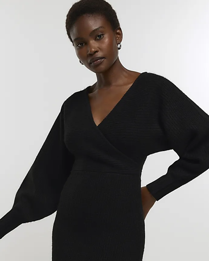 Black knit wrap jumper midi dress