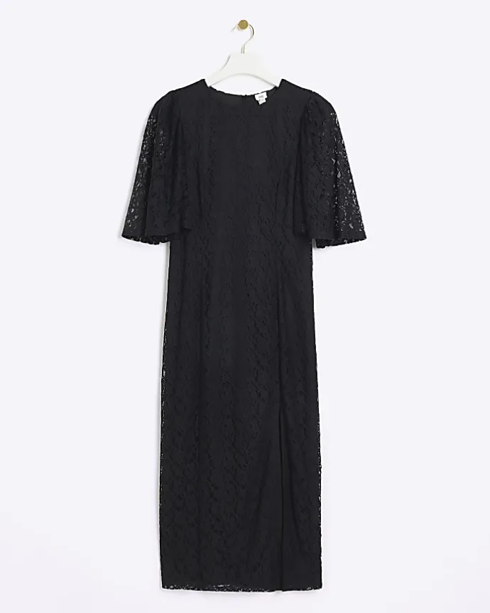 Black lace split hem bodycon midi dress