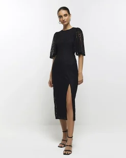 Black lace split hem bodycon midi dress